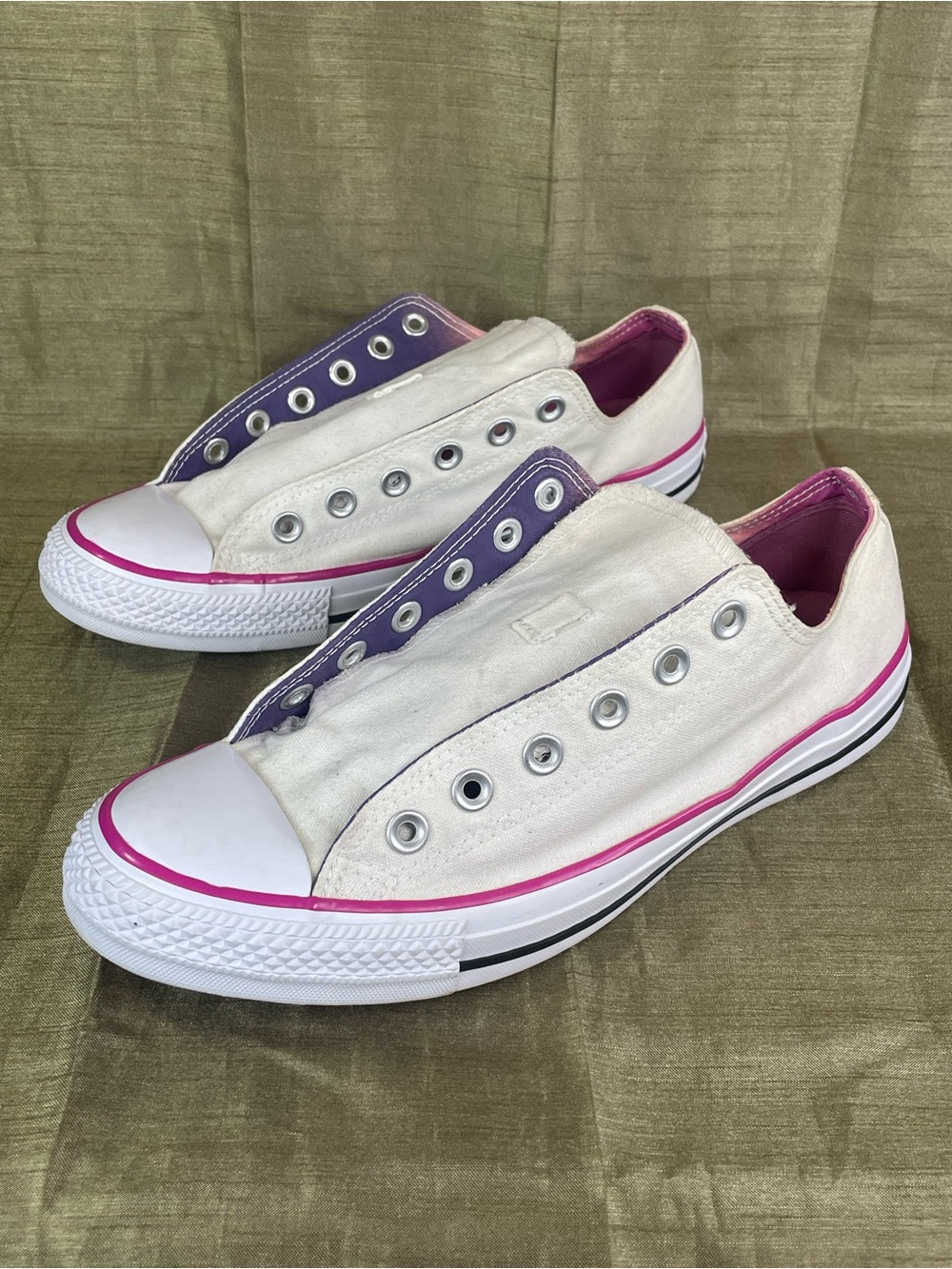 Converse All Star Chuck Taylor Shoes White Low Top Double Tongue Pink Purple S10